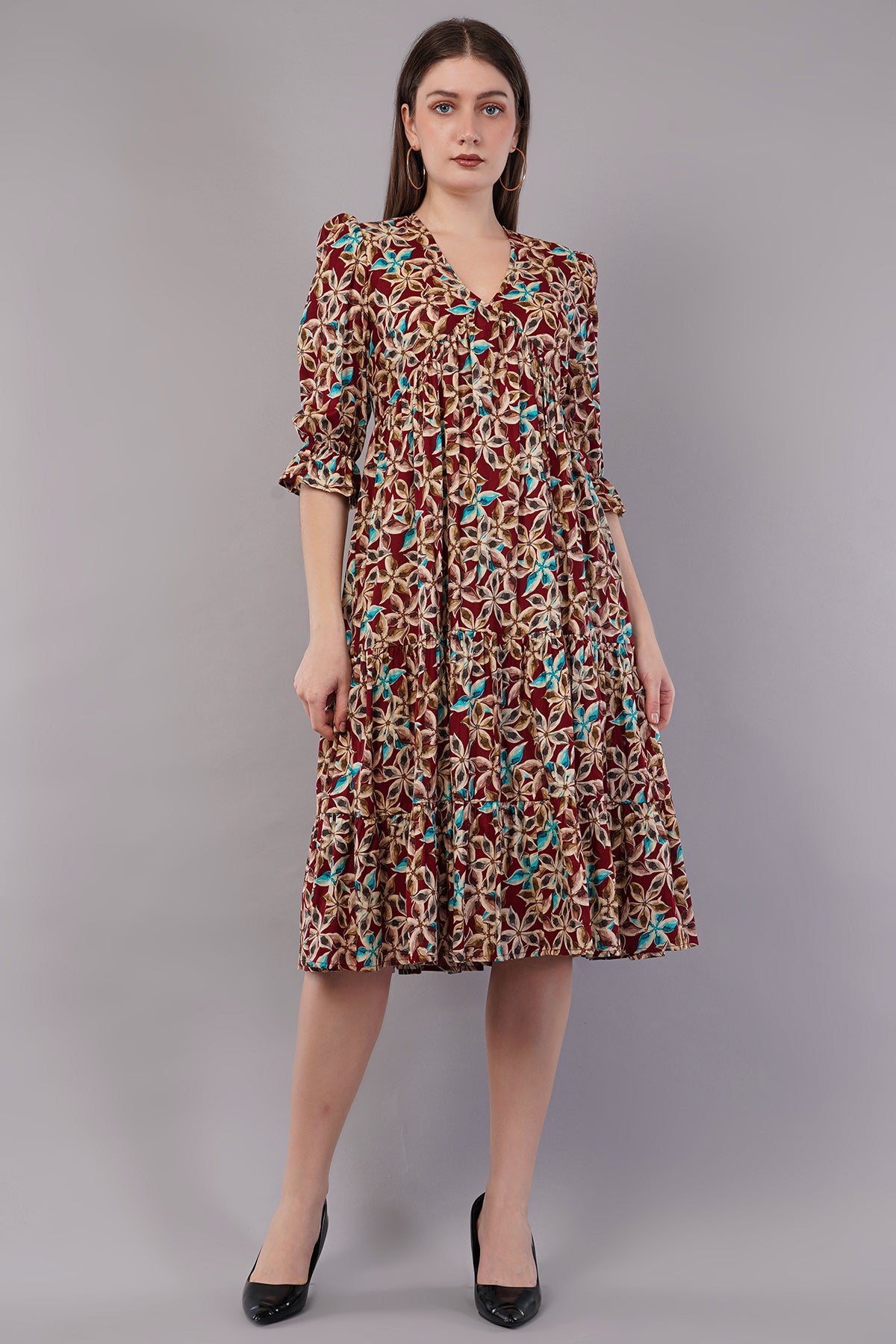 Floral Printed Pure Cotton Midi Ethnic Dress