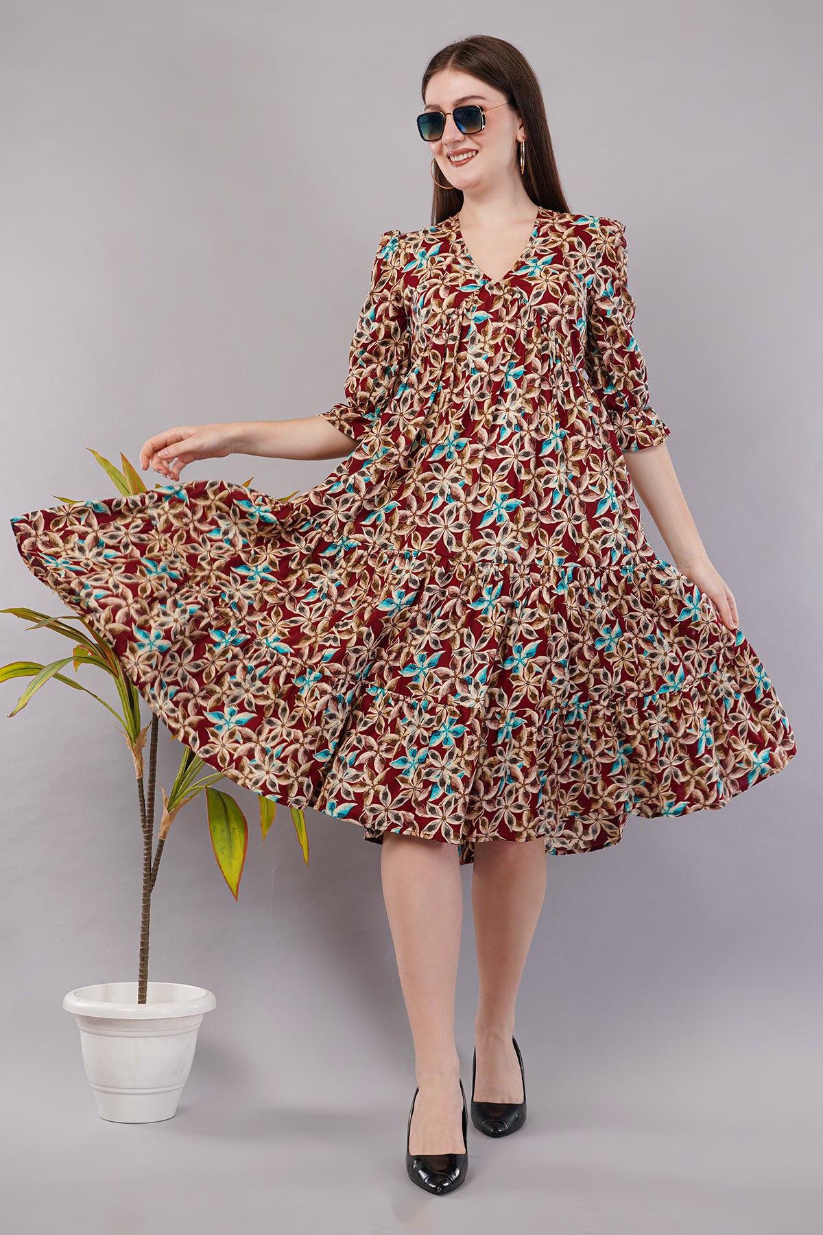 Floral Printed Pure Cotton Midi Ethnic Dress