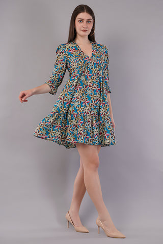 Women Deep Multi Abstract Sundress Dress