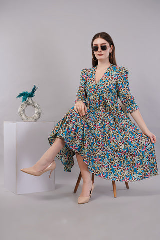 Women Deep Multi Abstract Sundress Dress