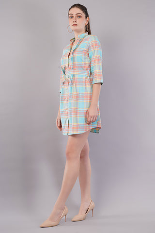 Peach Checked Knee Length Casual Women Regular Fit Dress