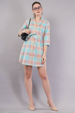 Peach Checked Knee Length Casual Women Regular Fit Dress