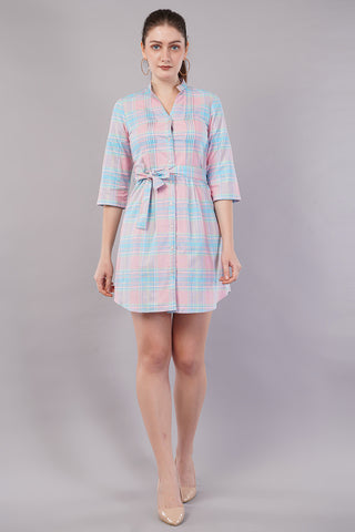 Peach Checked Knee Length Casual Women Regular Fit Dress