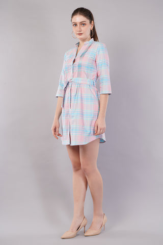 Peach Checked Knee Length Casual Women Regular Fit Dress