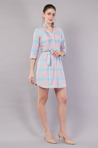 Peach Checked Knee Length Casual Women Regular Fit Dress