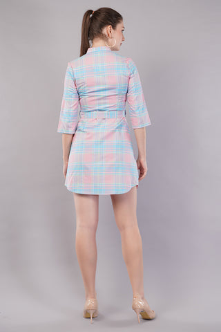 Peach Checked Knee Length Casual Women Regular Fit Dress