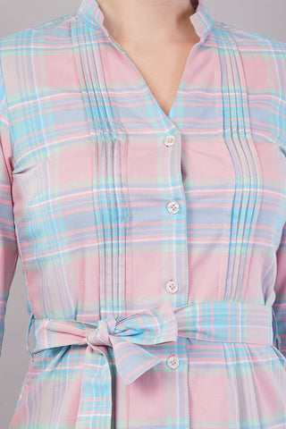Peach Checked Knee Length Casual Women Regular Fit Dress