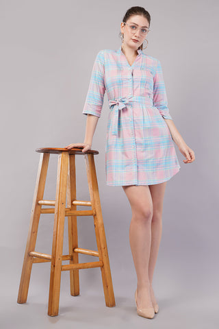 Peach Checked Knee Length Casual Women Regular Fit Dress