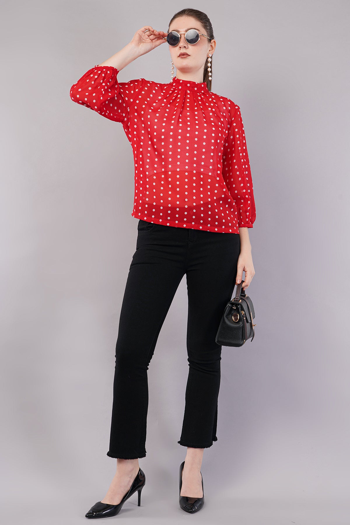 Women Red & White Polka Dot Printed Top