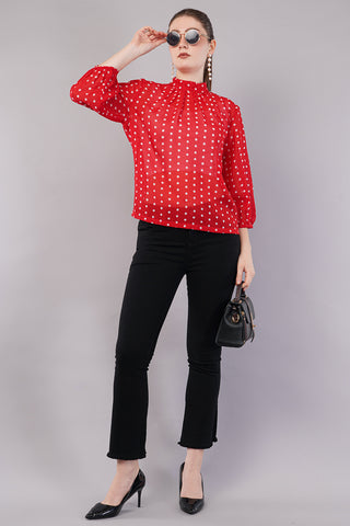 Women Red & White Polka Dot Printed Top