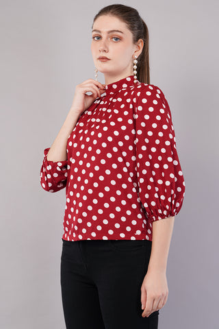Women’s Red Polka Dot Printed High Neck Puff Sleeves Top