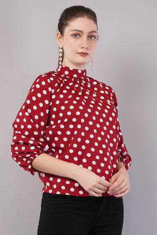 Women’s Red Polka Dot Printed High Neck Puff Sleeves Top