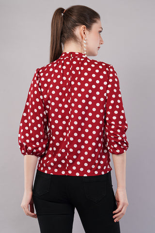Women’s Red Polka Dot Printed High Neck Puff Sleeves Top