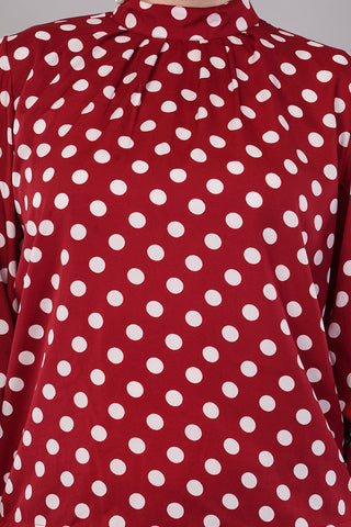 Women’s Red Polka Dot Printed High Neck Puff Sleeves Top