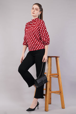 Women’s Red Polka Dot Printed High Neck Puff Sleeves Top