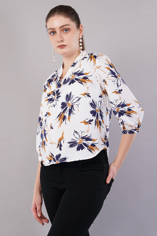 Floral Print Tie-Up Neck Puff Sleeves Shirt Style Top