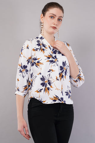 Floral Print Tie-Up Neck Puff Sleeves Shirt Style Top