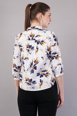 Floral Print Tie-Up Neck Puff Sleeves Shirt Style Top