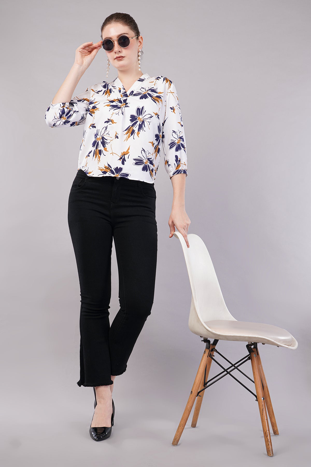 Floral Print Tie-Up Neck Puff Sleeves Shirt Style Top