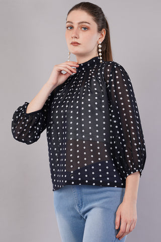 Women’s Black & White Polka Dot Printed Top