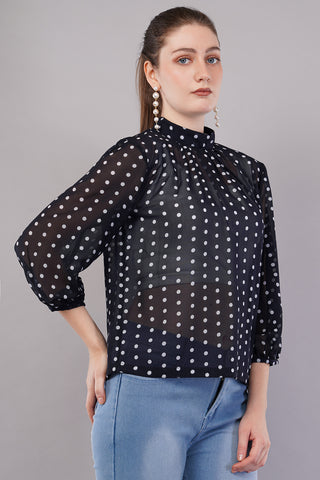 Women’s Black & White Polka Dot Printed Top
