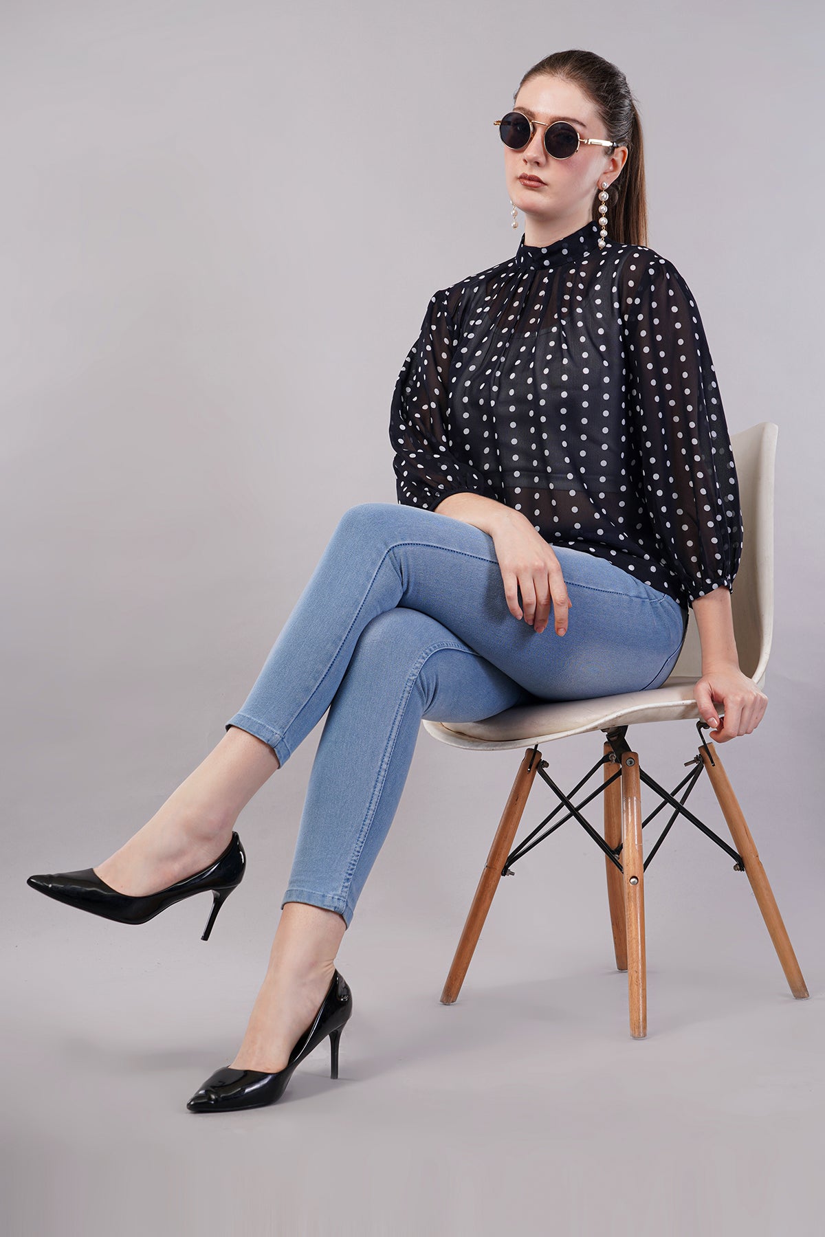 Women’s Black & White Polka Dot Printed Top