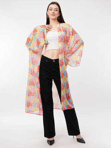 Floral Printed Longline Chiffon Open Front Shrug