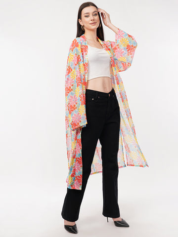 Floral Printed Longline Chiffon Open Front Shrug