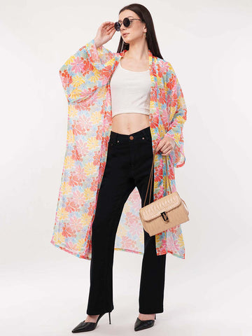 Floral Printed Longline Chiffon Open Front Shrug