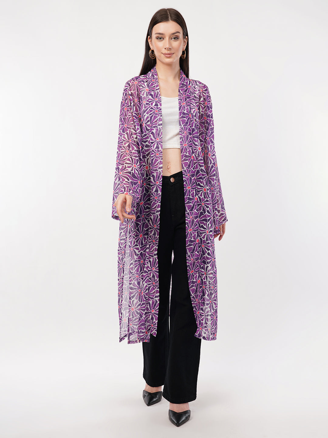 Floral Printed Longline Chiffon Open Front Shrug