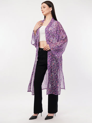 Floral Printed Longline Chiffon Open Front Shrug