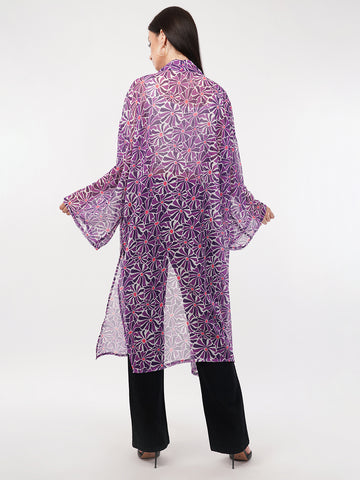 Floral Printed Longline Chiffon Open Front Shrug