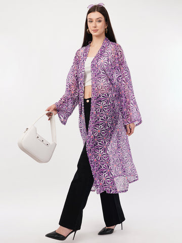 Floral Printed Longline Chiffon Open Front Shrug