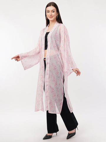 Floral Printed Longline Chiffon Open Front Shrug