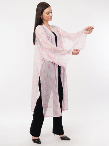 Floral Printed Longline Chiffon Open Front Shrug