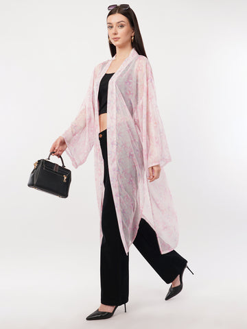 Floral Printed Longline Chiffon Open Front Shrug