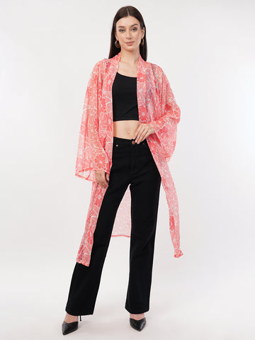 Floral Printed Longline Chiffon Open Front Shrug