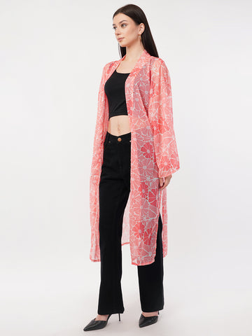 Floral Printed Longline Chiffon Open Front Shrug