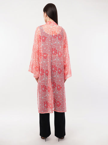 Floral Printed Longline Chiffon Open Front Shrug