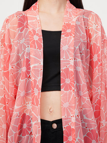 Floral Printed Longline Chiffon Open Front Shrug