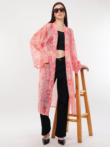 Floral Printed Longline Chiffon Open Front Shrug