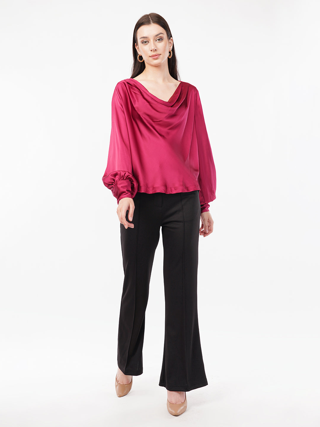 Women Cowl Neck Puff Sleeves Satin Top