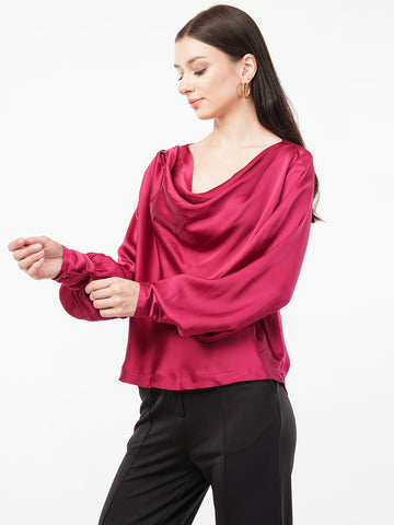 Women Cowl Neck Puff Sleeves Satin Top