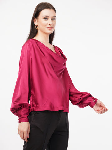 Women Cowl Neck Puff Sleeves Satin Top