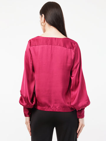 Women Cowl Neck Puff Sleeves Satin Top