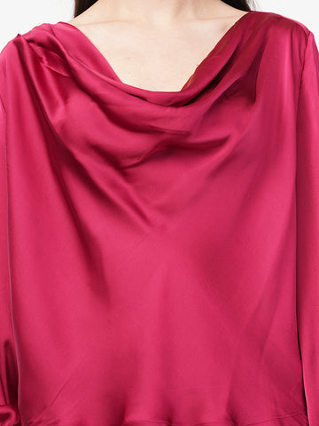 Women Cowl Neck Puff Sleeves Satin Top