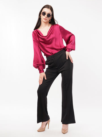 Women Cowl Neck Puff Sleeves Satin Top