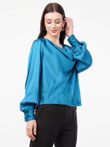 Women Cowl Neck Cuffed Sleeve Satin Top