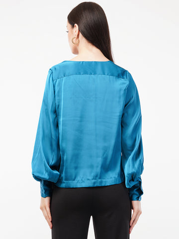 Women Cowl Neck Cuffed Sleeve Satin Top