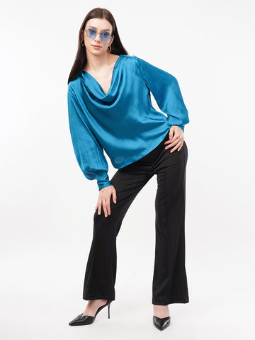 Women Cowl Neck Cuffed Sleeve Satin Top